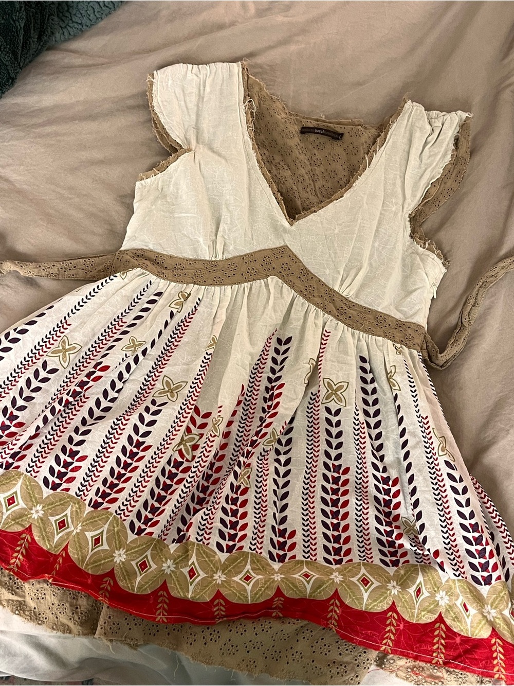 hazel Cream Mini Dress with Red and Olive Accents